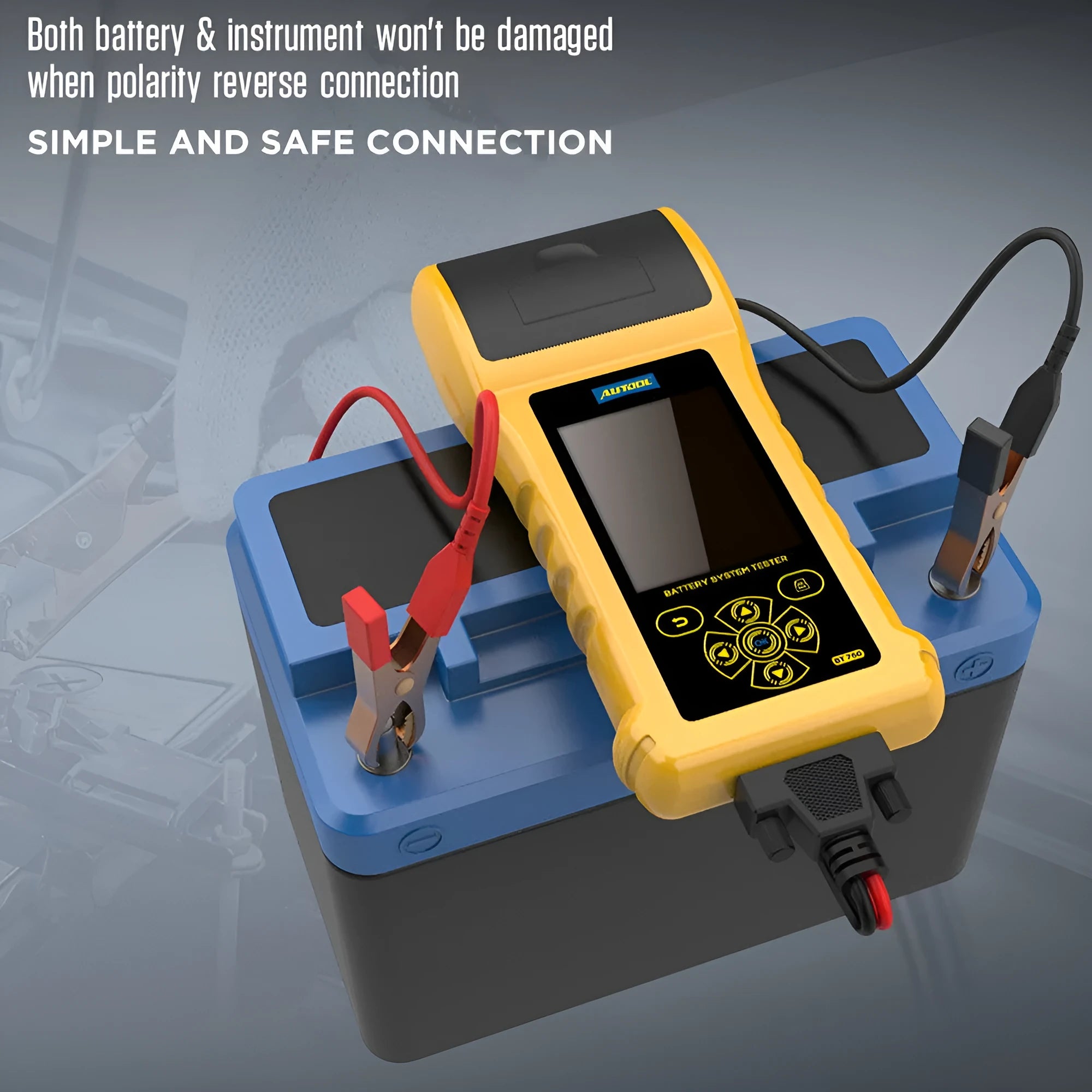 Autool BT760 colour screen car battery tester with clip leads and printed diagnostic receipt.