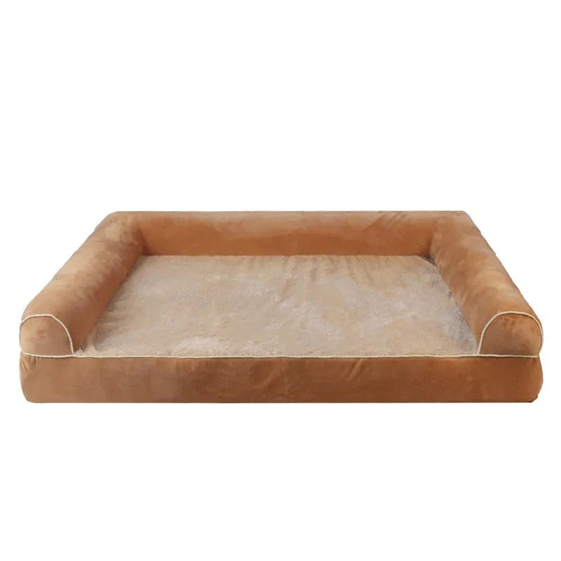 Square cloth dog bed with raised edges in blue colour showing sponge construction