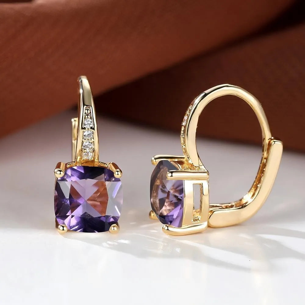 Square zircon geometric ear hook earrings in electroplated copper with Korean style design