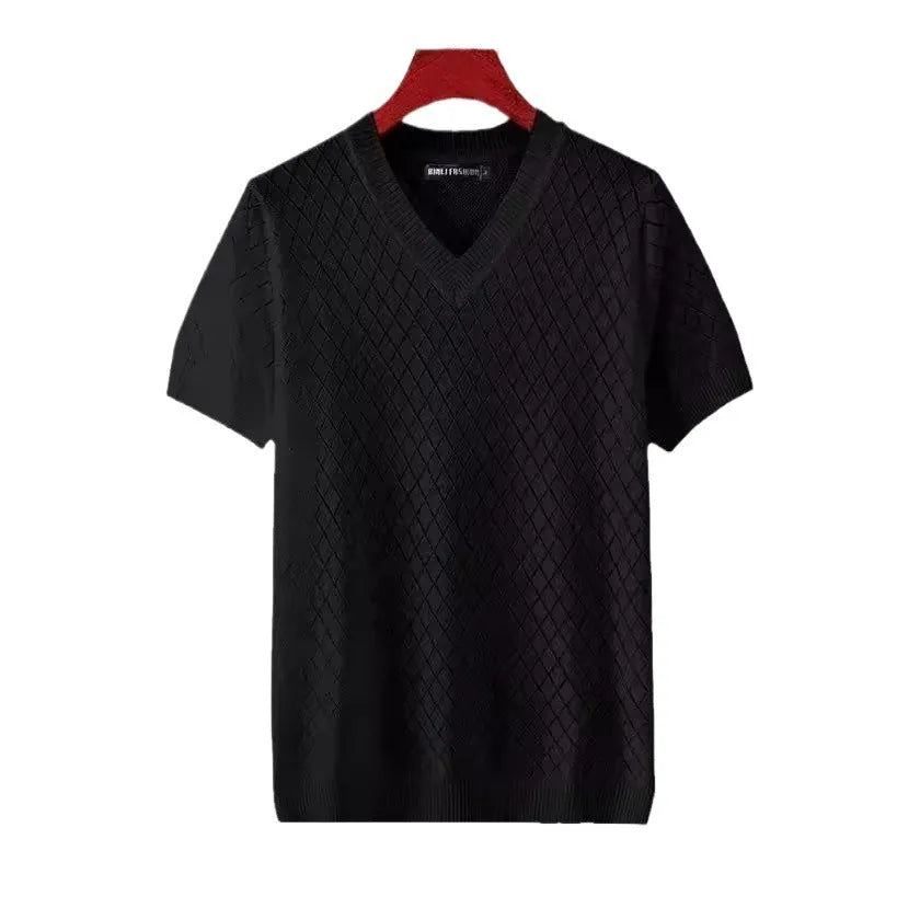 Men's black and white ice silk T-shirt with V-neck and round neck options in Korean style