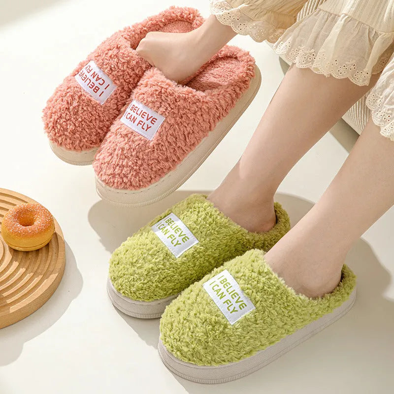 Letter design thick sole home slippers in dark grey with plush upper and non-slip PVC sole