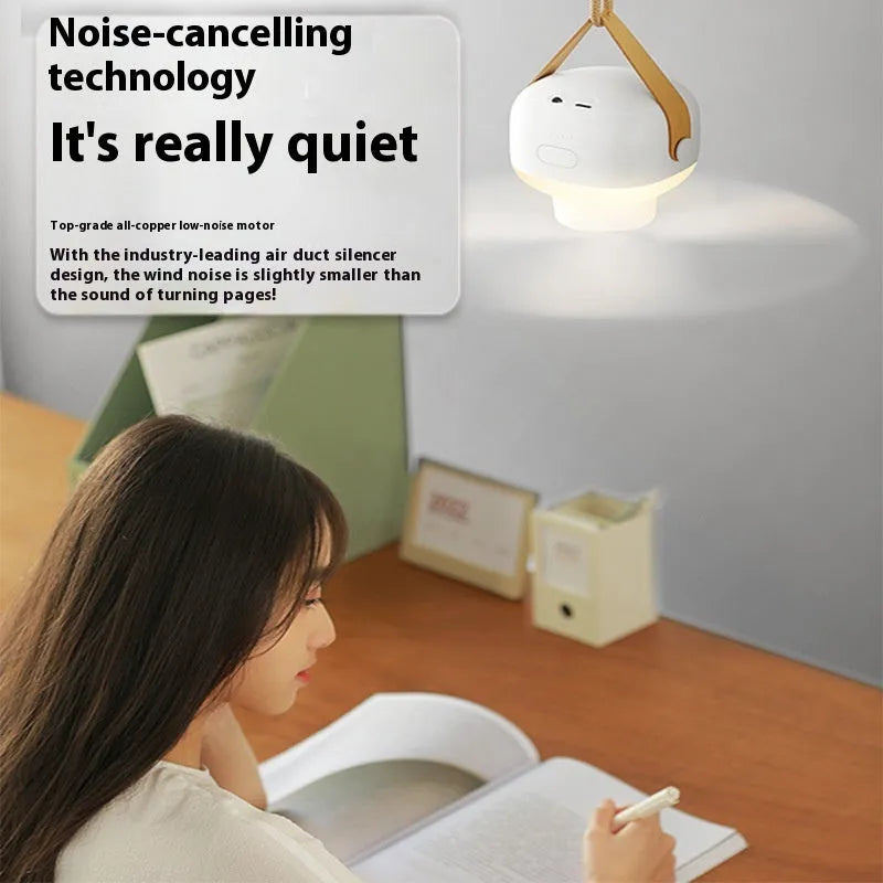 Small rechargeable camping fan with night light and remote control mounted with wire bracket