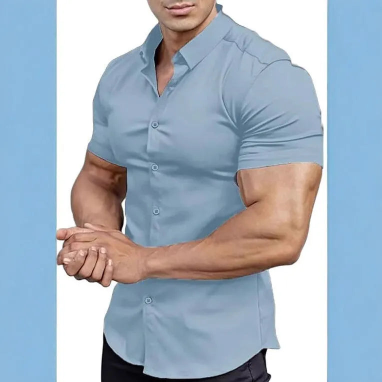 Men's short sleeve printed collar casual shirt in cardigan style, shown in multiple colour options.