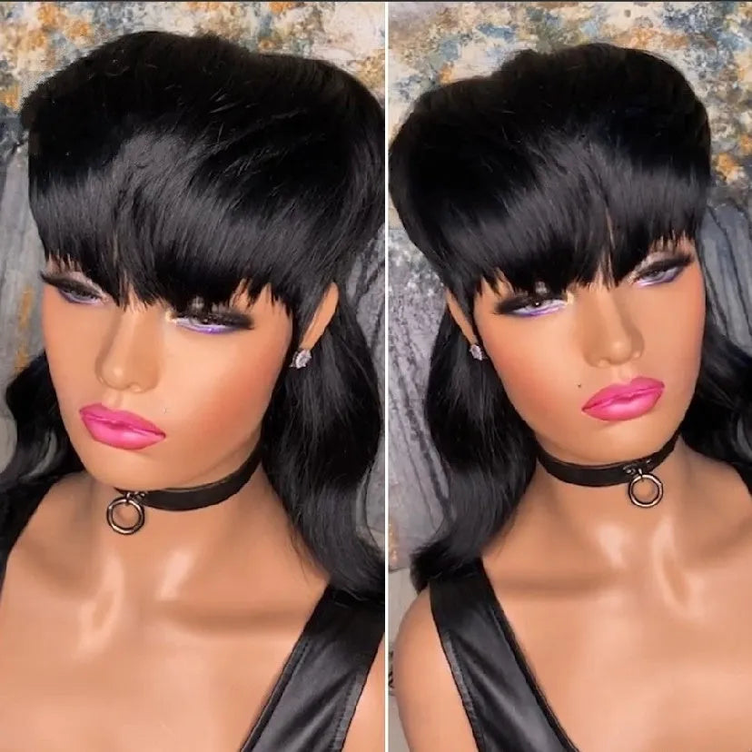 Black Brazilian wig with front bangs and short front long back hairstyle on display