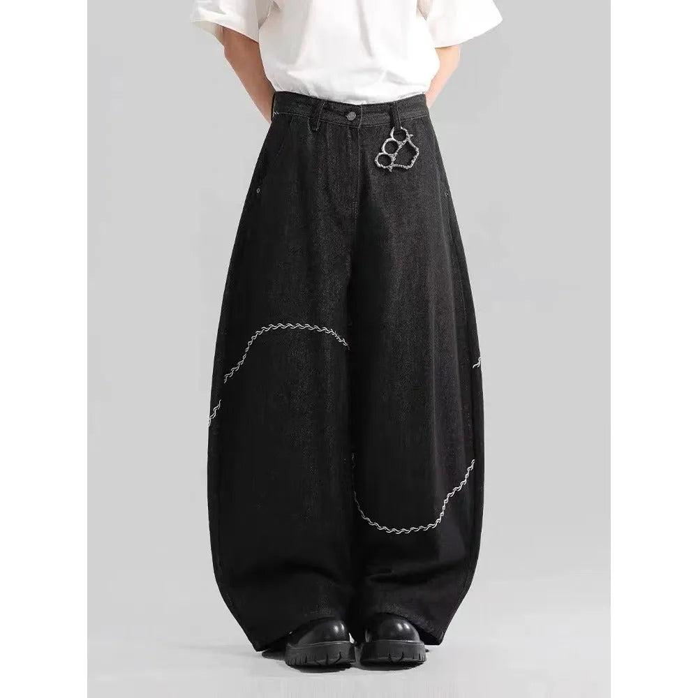 Black straight leg men's trousers with micro-elastic polyester denim fabric and zip fly