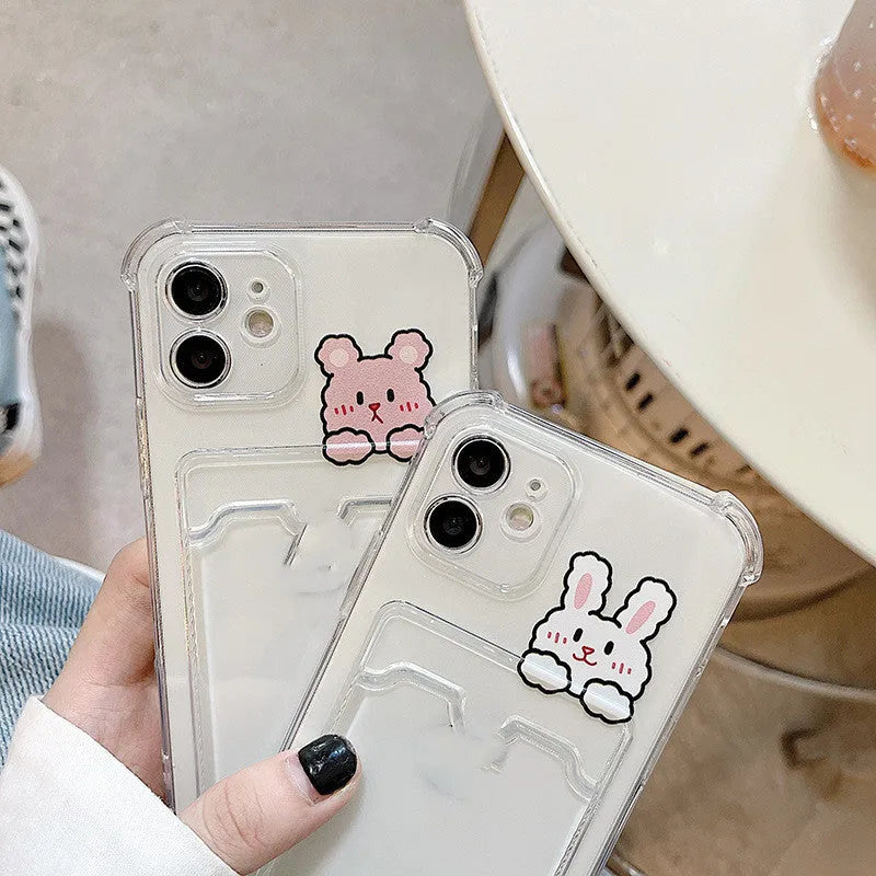 Clear cartoon design TPU phone case with a credit card slot for Apple iPhone.