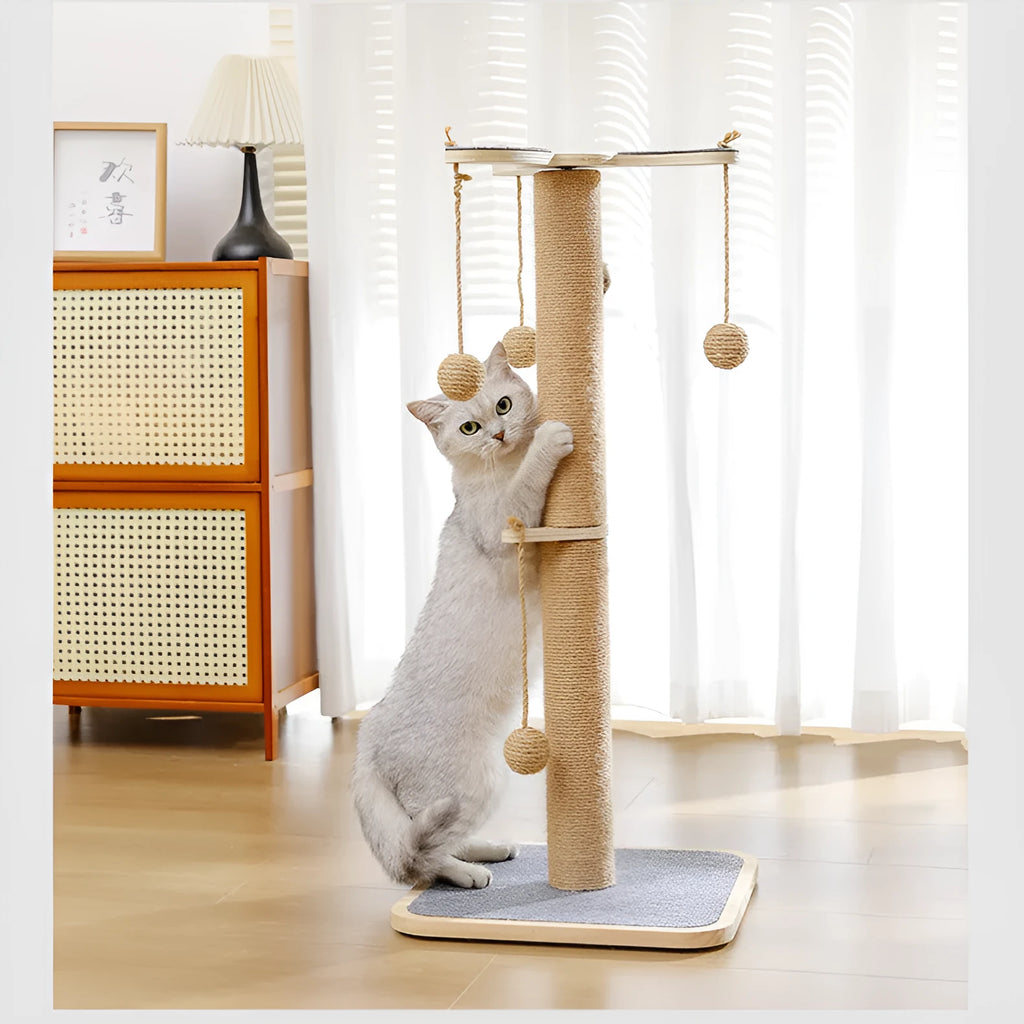 Windmill design cat climbing frame with scratch-resistant hanging ball made from pine wood and carpet leather
