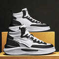 Men's black high-top platform casual shoes made of artificial PU leather with a round toe.