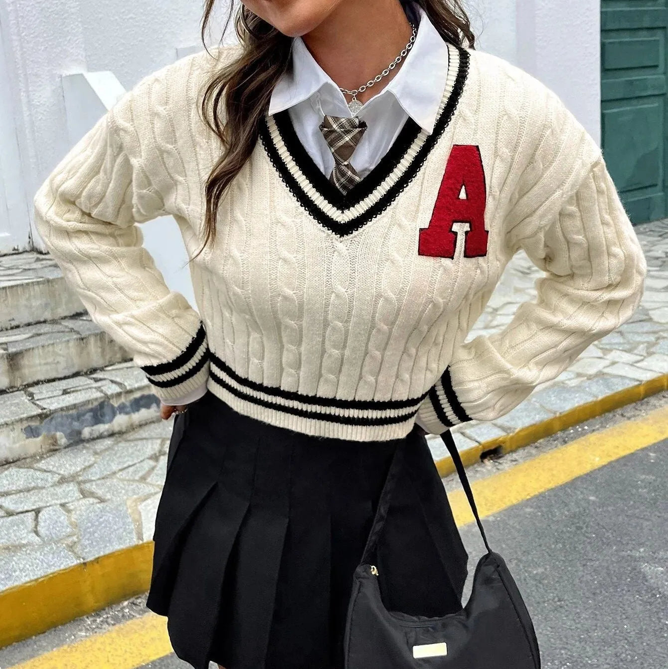 Women's V-neck slim striped knitted shirt with patch detail in creamy white, pullover style