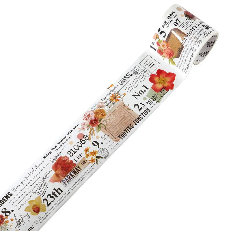 Roll of vintage floral watercolour design tape on a Japanese paper base, showing 30mm and 50mm width options.