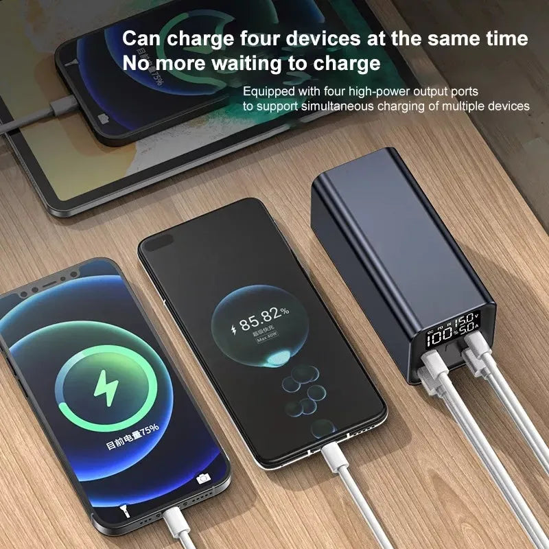65W metal power bank in black, blue, or grey, showing size scale and USB-C port.