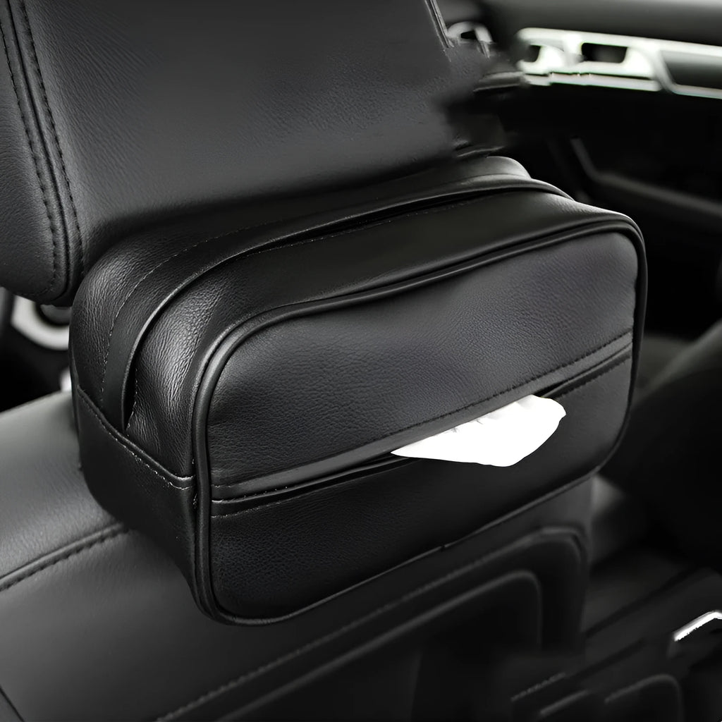 Black PU leather hanging storage bag with zip for car and home organisation