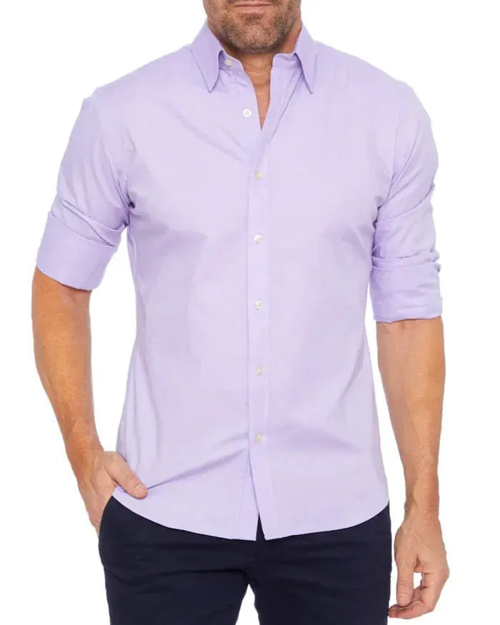 Men's long sleeve zipper shirt with lapel collar, solid colour cotton blend, slim fit, front zipper and button detail