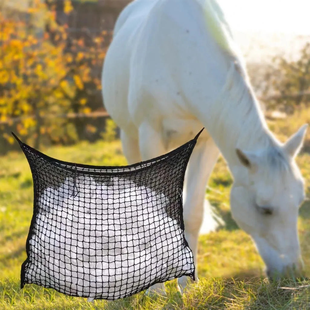 Black woven grid hanging feeding bag for horses and cattle, showing the PE rope construction.