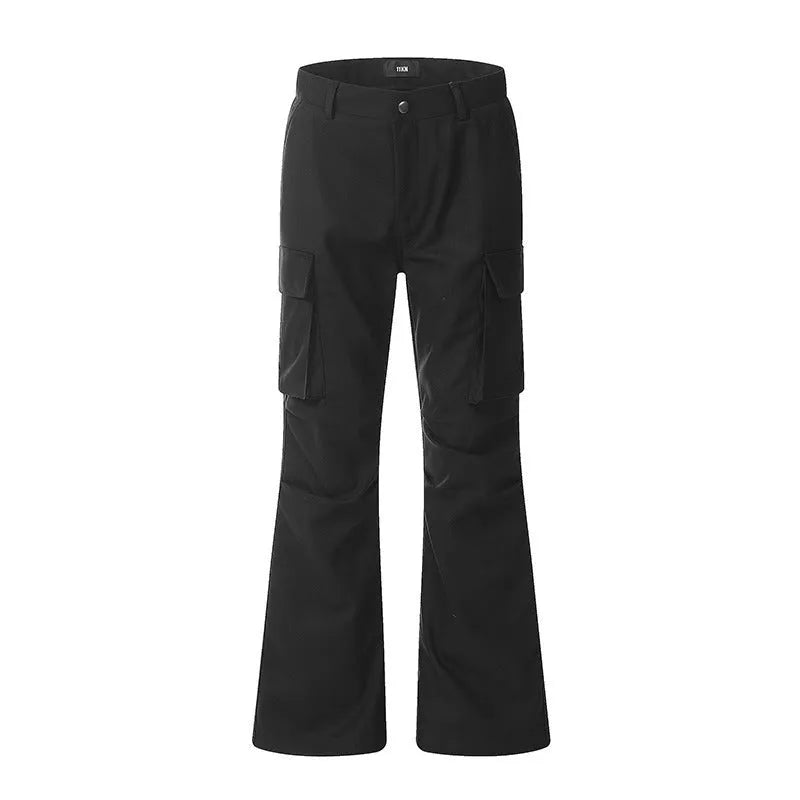 Black men's multi-pocket cargo trousers straight fit mid waist polyester spring autumn