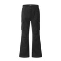 Black men's multi-pocket cargo trousers straight fit mid waist polyester spring autumn