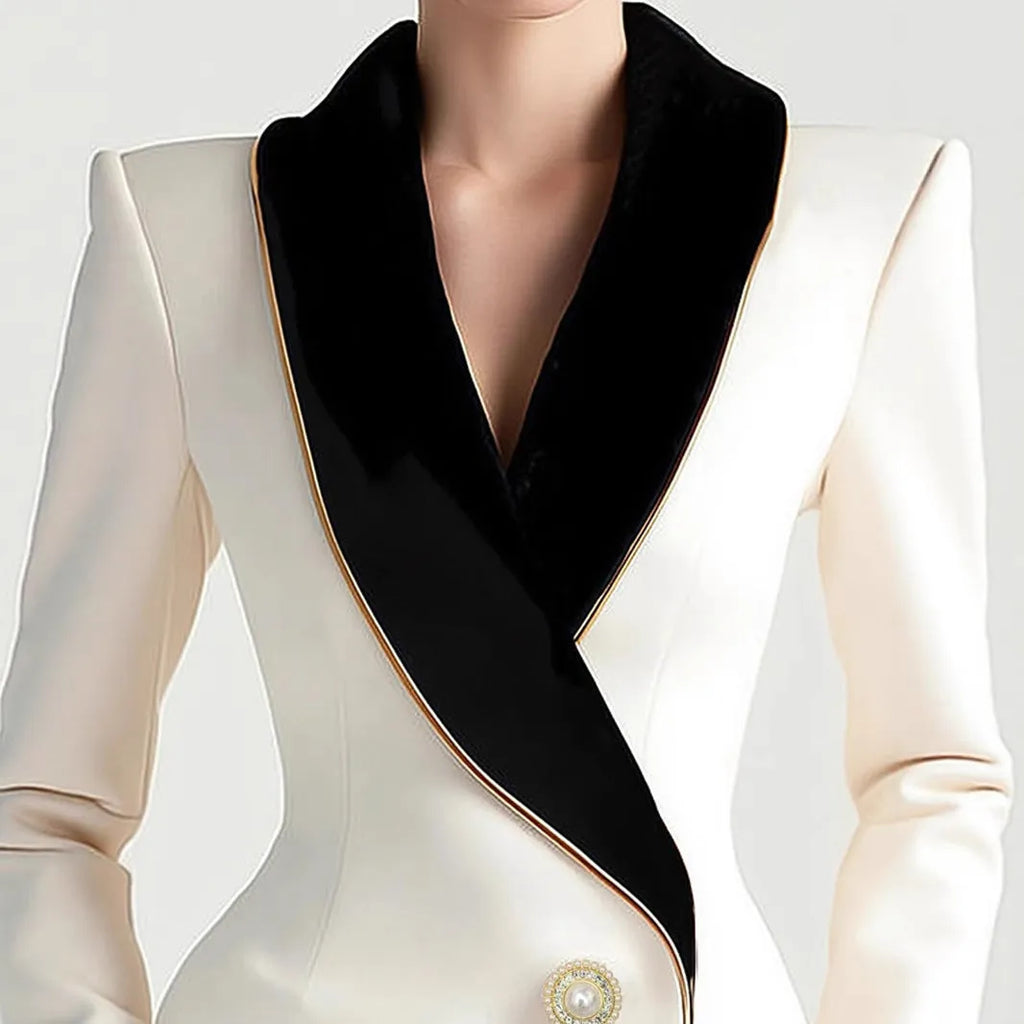 Milky white women's long sleeve coat with golden edge trim and pearl buttons