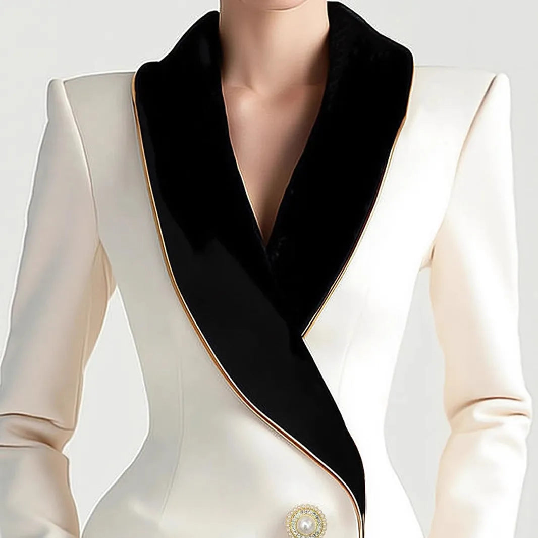 Milky white women's long sleeve coat with golden edge trim and pearl buttons