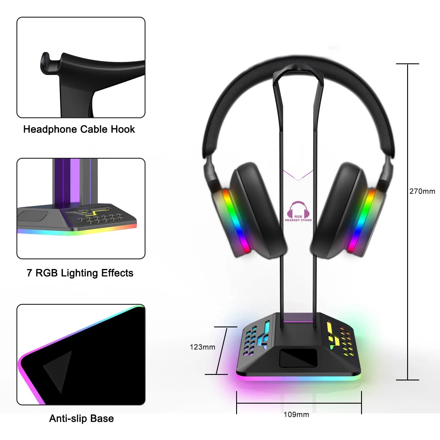 RGB colour changing headset display bracket with dual USB ports and adjustable headphone support arms
