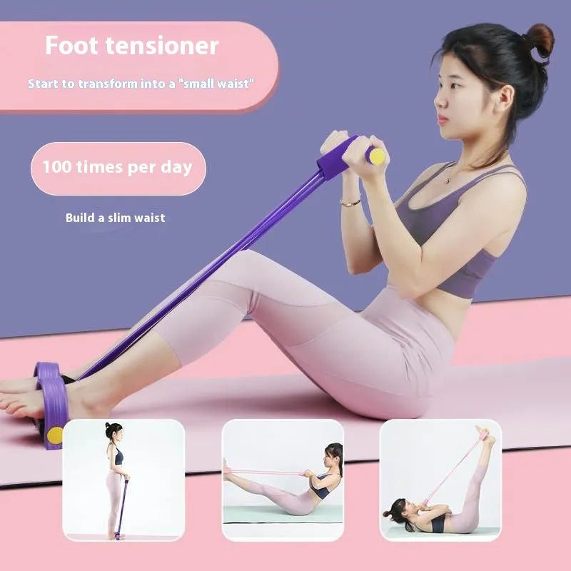 Yoga four piece fitness set showing leg stretching device, yoga ring, pedal puller, and figure eight tension rope
