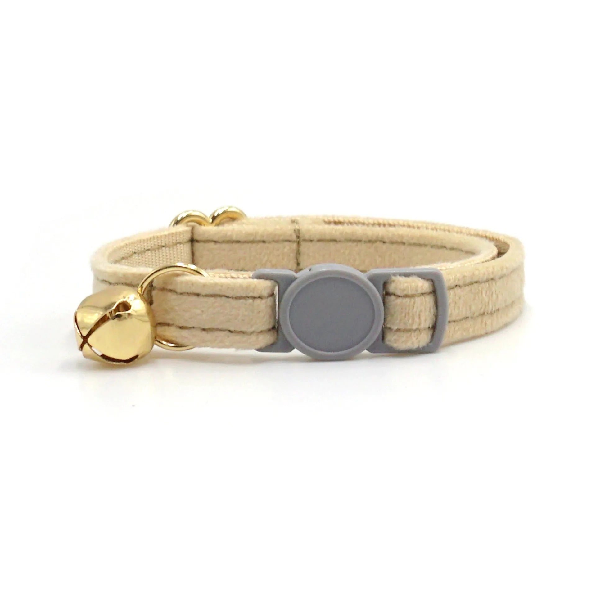 Cloth safety buckle cat collar with bell in brown corduroy on a cat