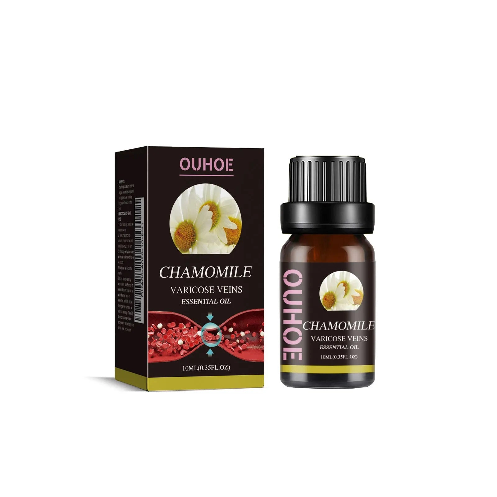 10ml bottle of chamomile leg essential oil with dropper for massage and skin care.