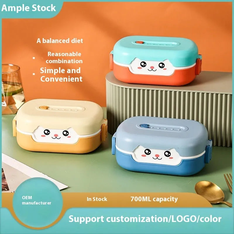 Square divided plastic lunch box with cartoon design in three colour options