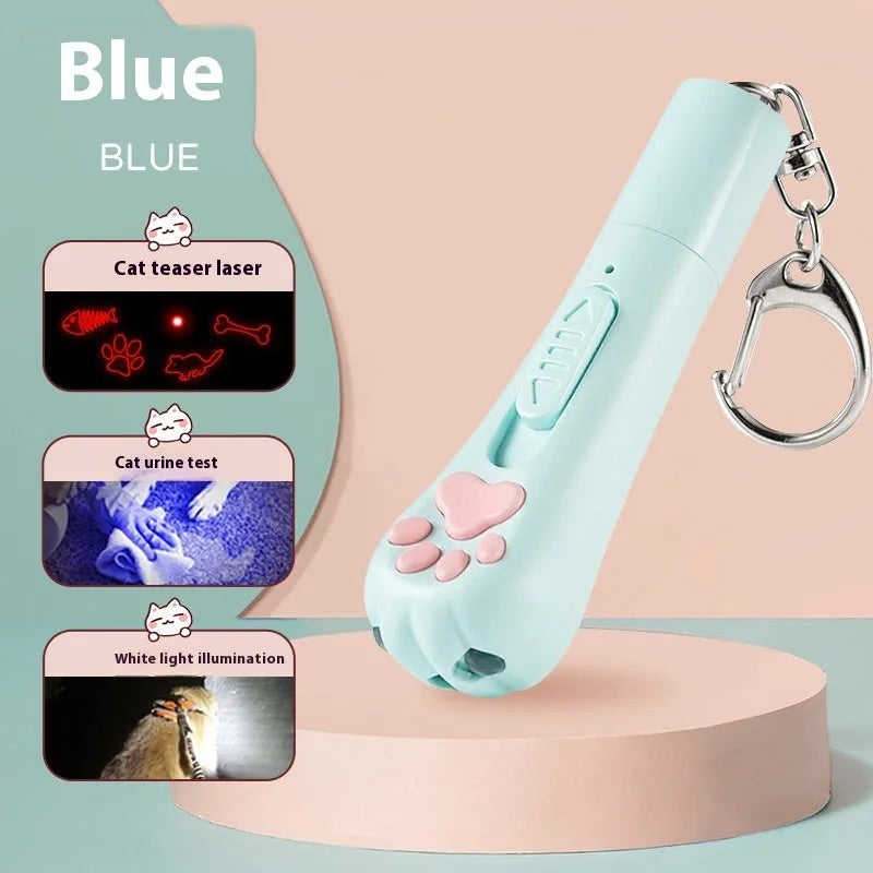 Plastic cat teaser pen light toy in cream white, pink, or sky blue colours with self-hi feature