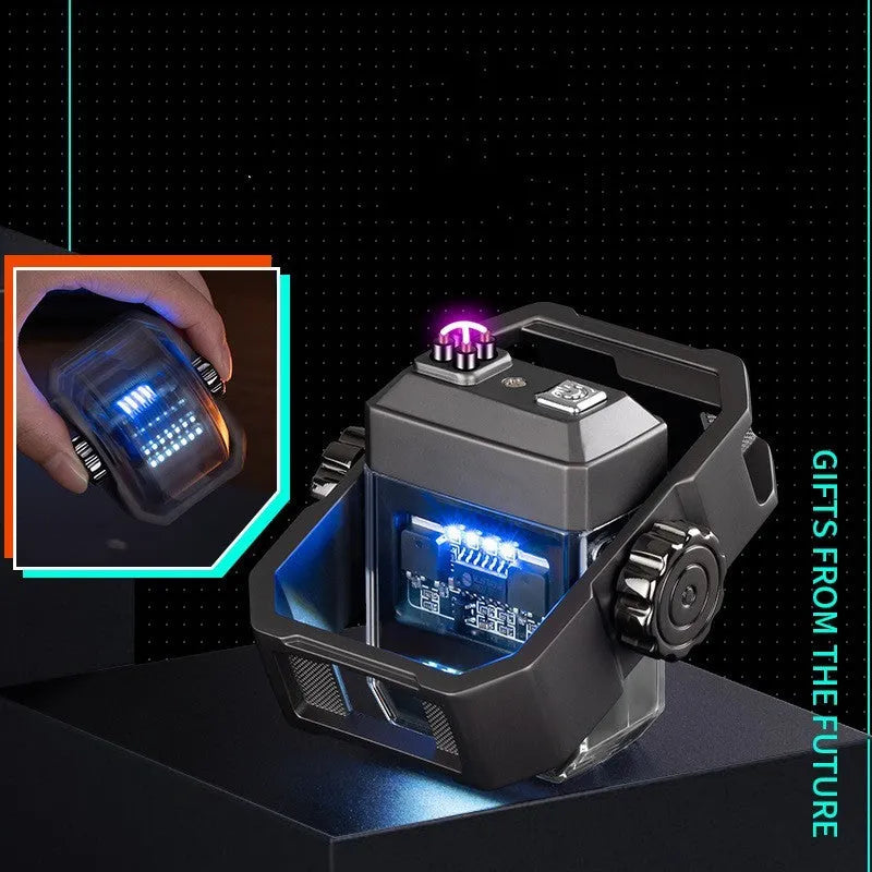 Blue Pulse X12 electric lighter with windproof double arc and a visible mechanical gyroscope, folded for storage.