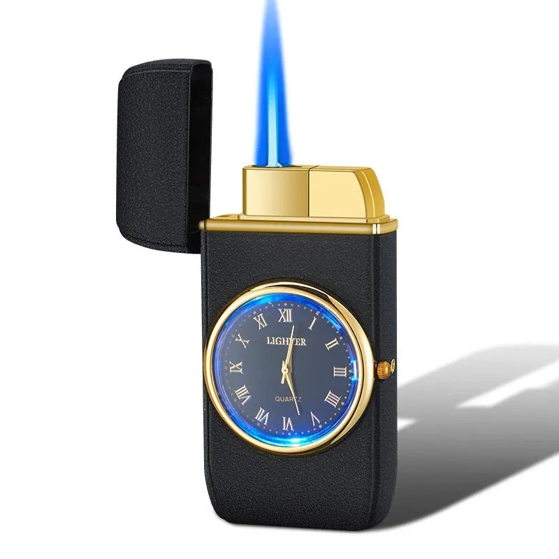 Electronic watch cigarette lighter with LED flashing lamp in metal body showing multiple colour finish options
