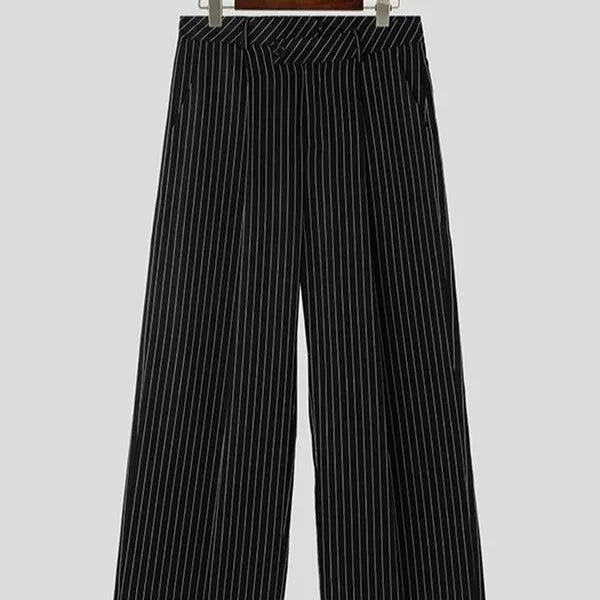 Black men's casual trousers with vertical stripes and pleated detailing