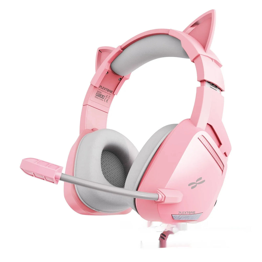 Headworn wired earphones with 50mm driver and line control, pink plextone finish, braided cable, L-shaped 3.5mm plug