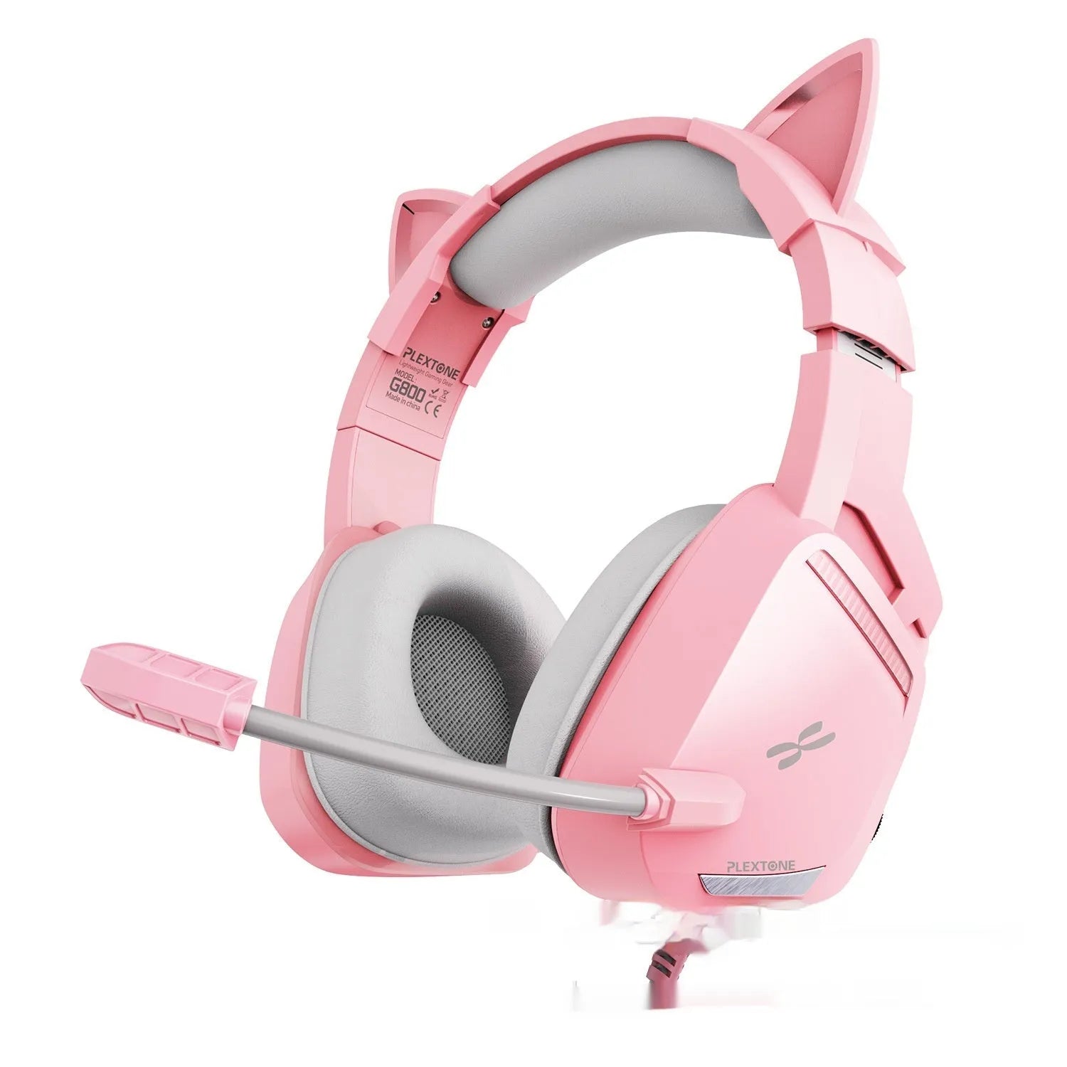 Headworn wired earphones with 50mm driver and line control, pink plextone finish, braided cable, L-shaped 3.5mm plug