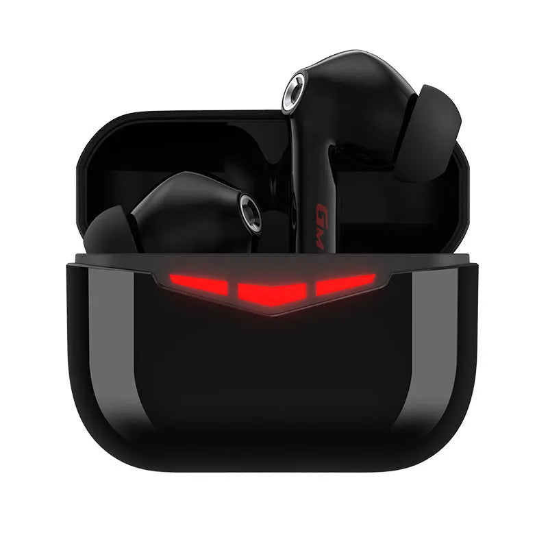 True wireless Bluetooth gaming in-ear headphones with charging case, shown in black, pink, white, and gray colours.
