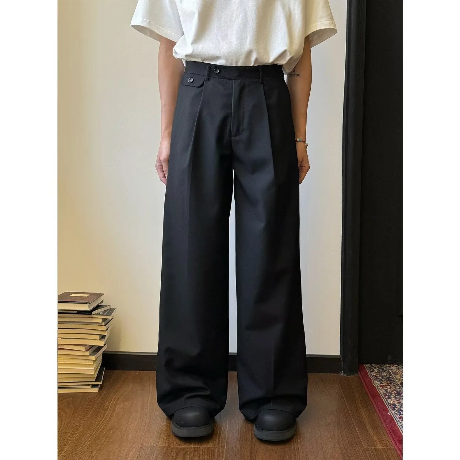 Men's straight-leg wide-leg casual suit pants in black or brown polyester blend fabric
