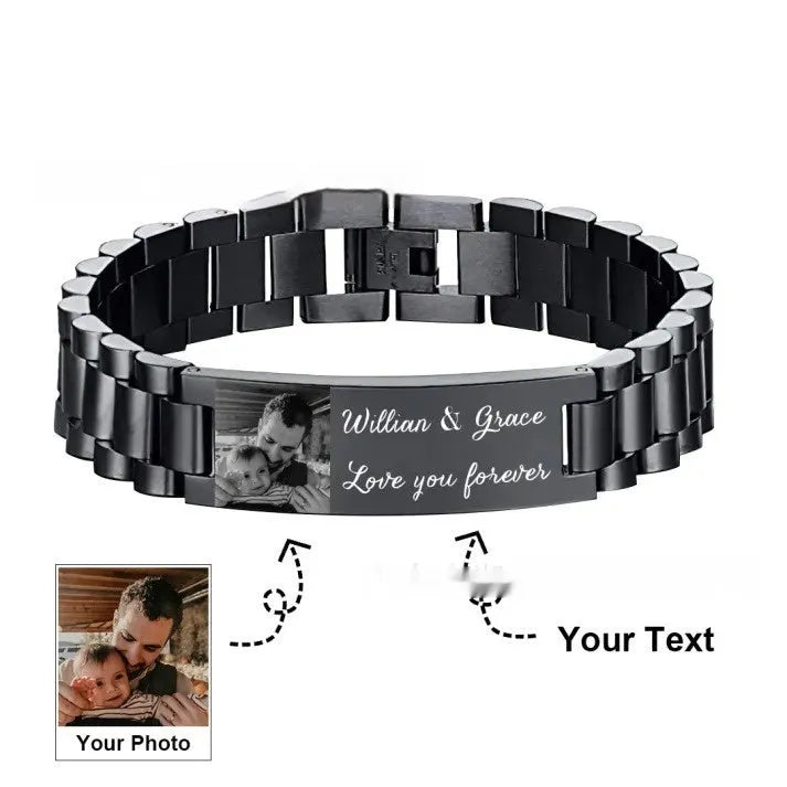 Titanium steel men's bracelet with curved heart shape and black lettering on a grey background.