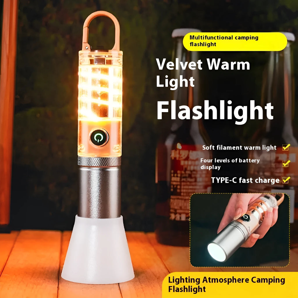 Orange or beige 10W rechargeable LED flashlight with optical zoom and keychain