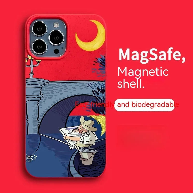 Magnetic resin retro graffiti phone case for iPhone 13 and 14 series in green