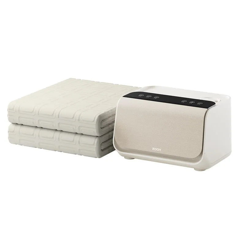 Aideng white electric underblanket heating pad with smart control host unit, shown in 1.4×2 metre size on a mattress.