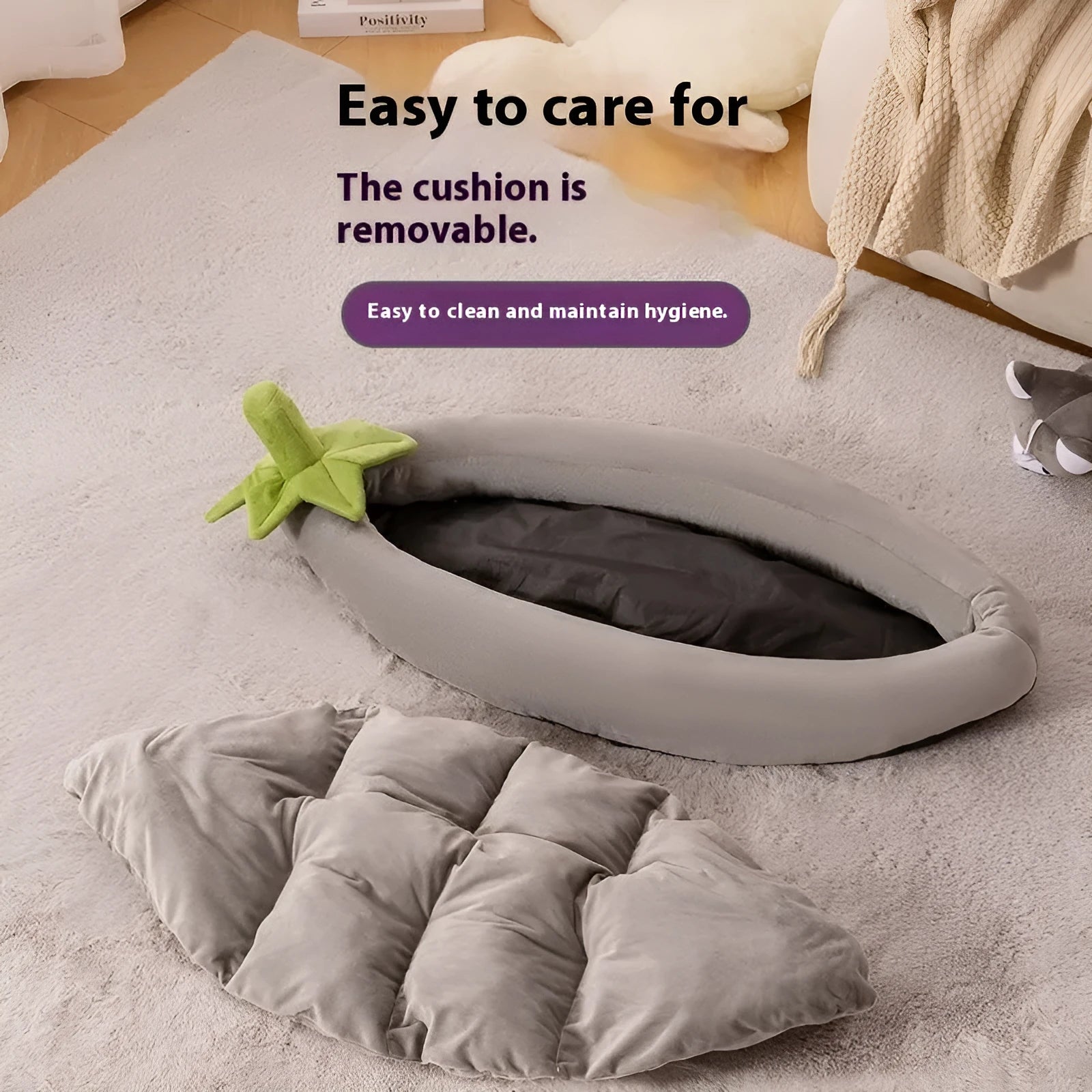 Removable washable dog mat pet bed cover shown in multiple sizes and colours including eggplant purple brown grey orange