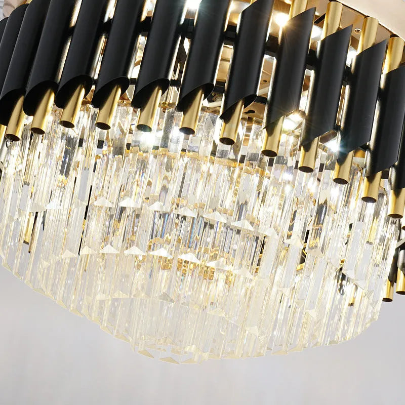 Remote control crystal ceiling fan light unit shown in 42-inch and 48-inch size options.