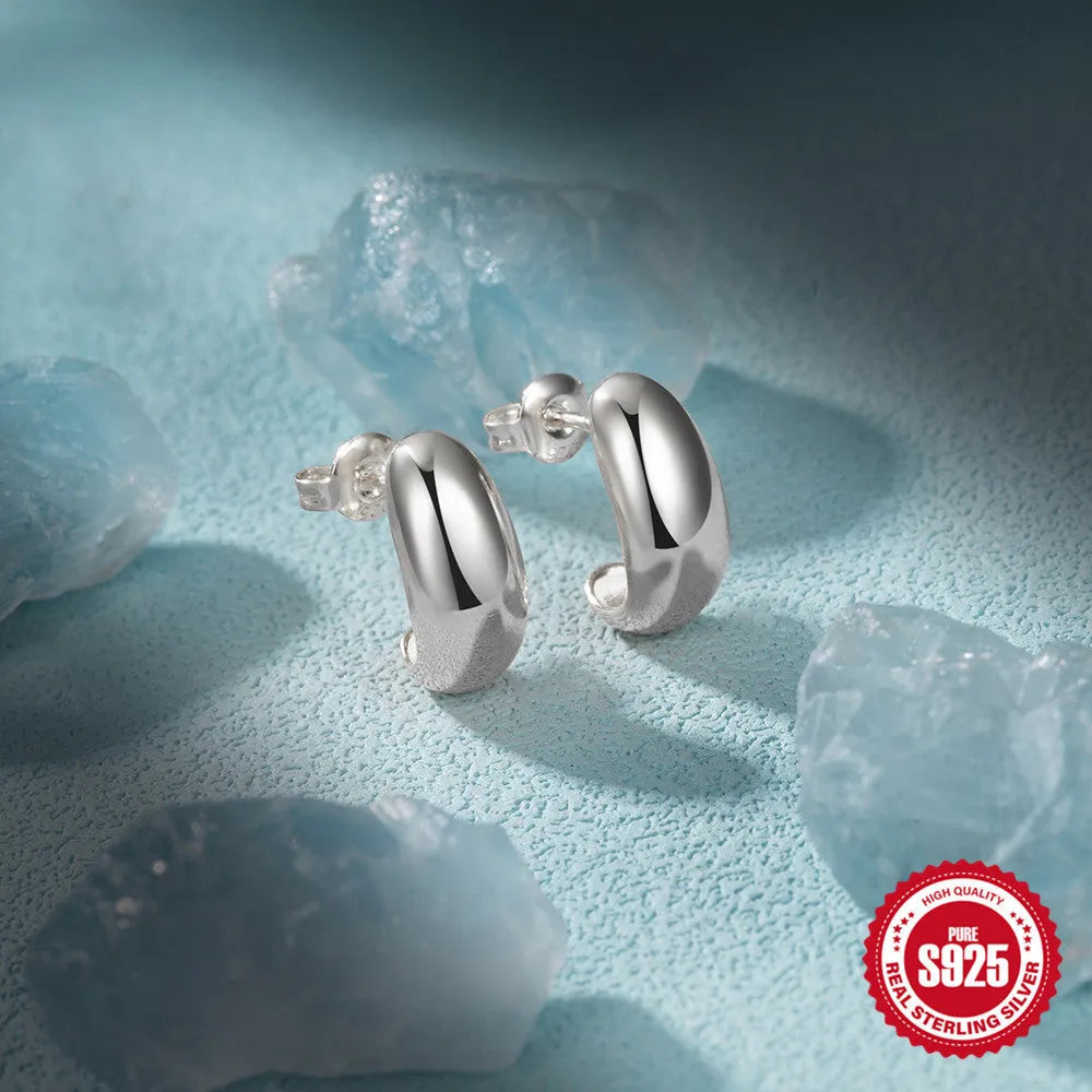 C-shaped sterling silver ringstud earring with electroplated gold or white gold glossy finish