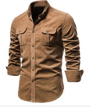 Men's long sleeve linen casual shirt on a hanger, available in multiple colours including denim blue and army green.