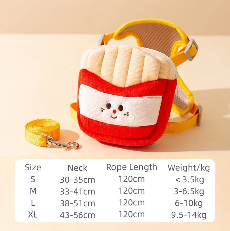 Cartoon hamburger design adjustable vest leash and harness with backpack for a dog.