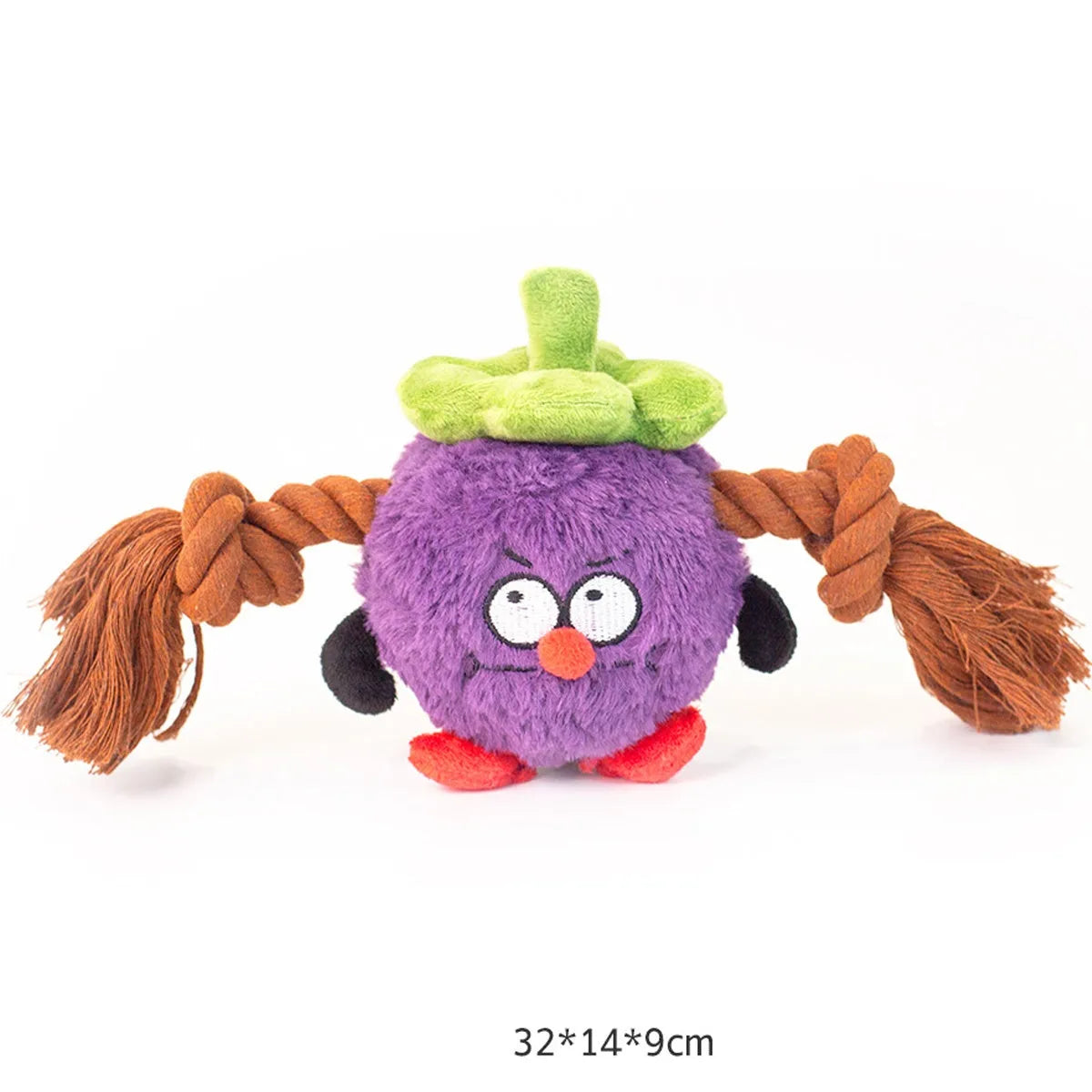 Green and purple interactive dog toy with plush fabric and rope knot construction for tug-of-war games