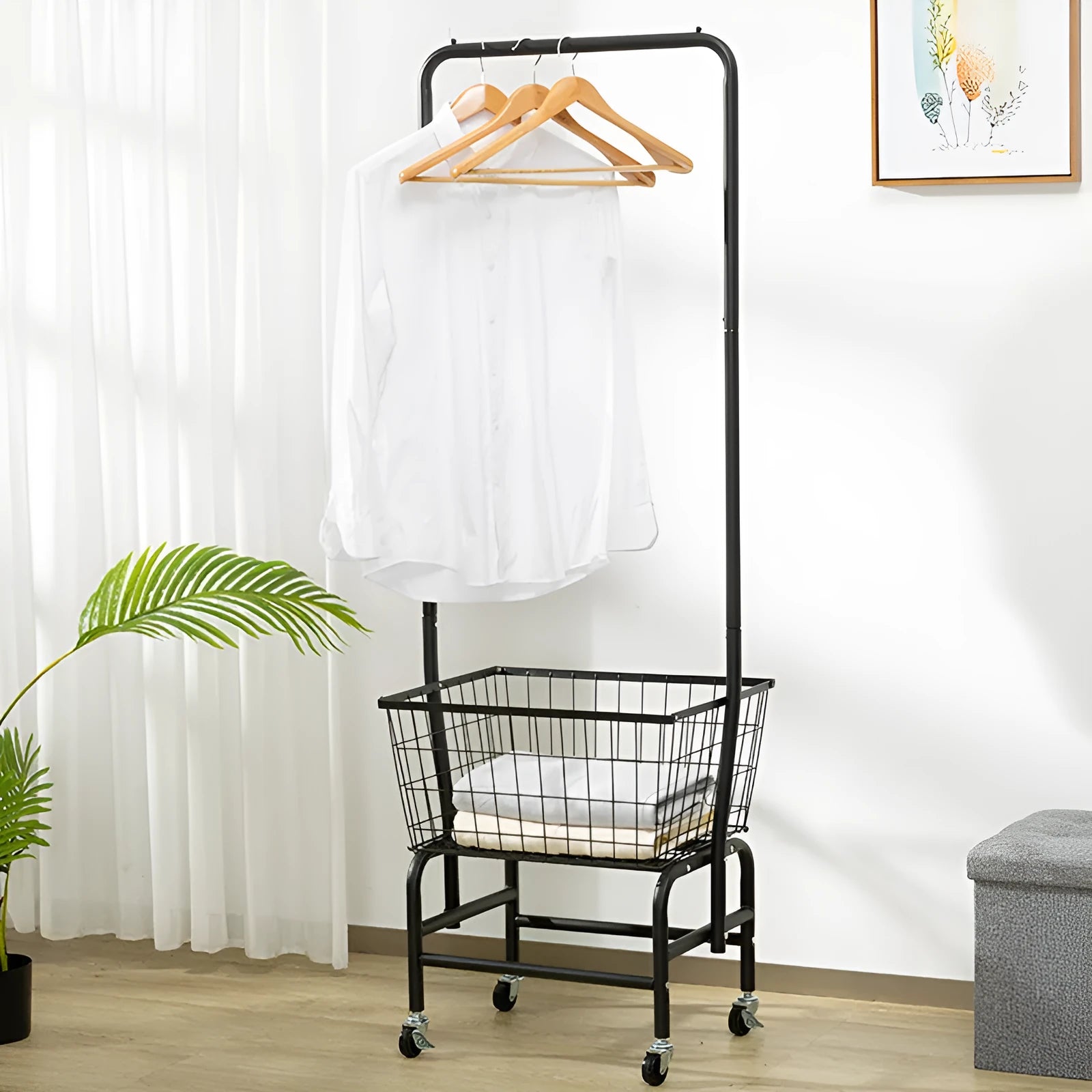 White iron pulley storage car with a single hanging rod for wardrobe organisation.