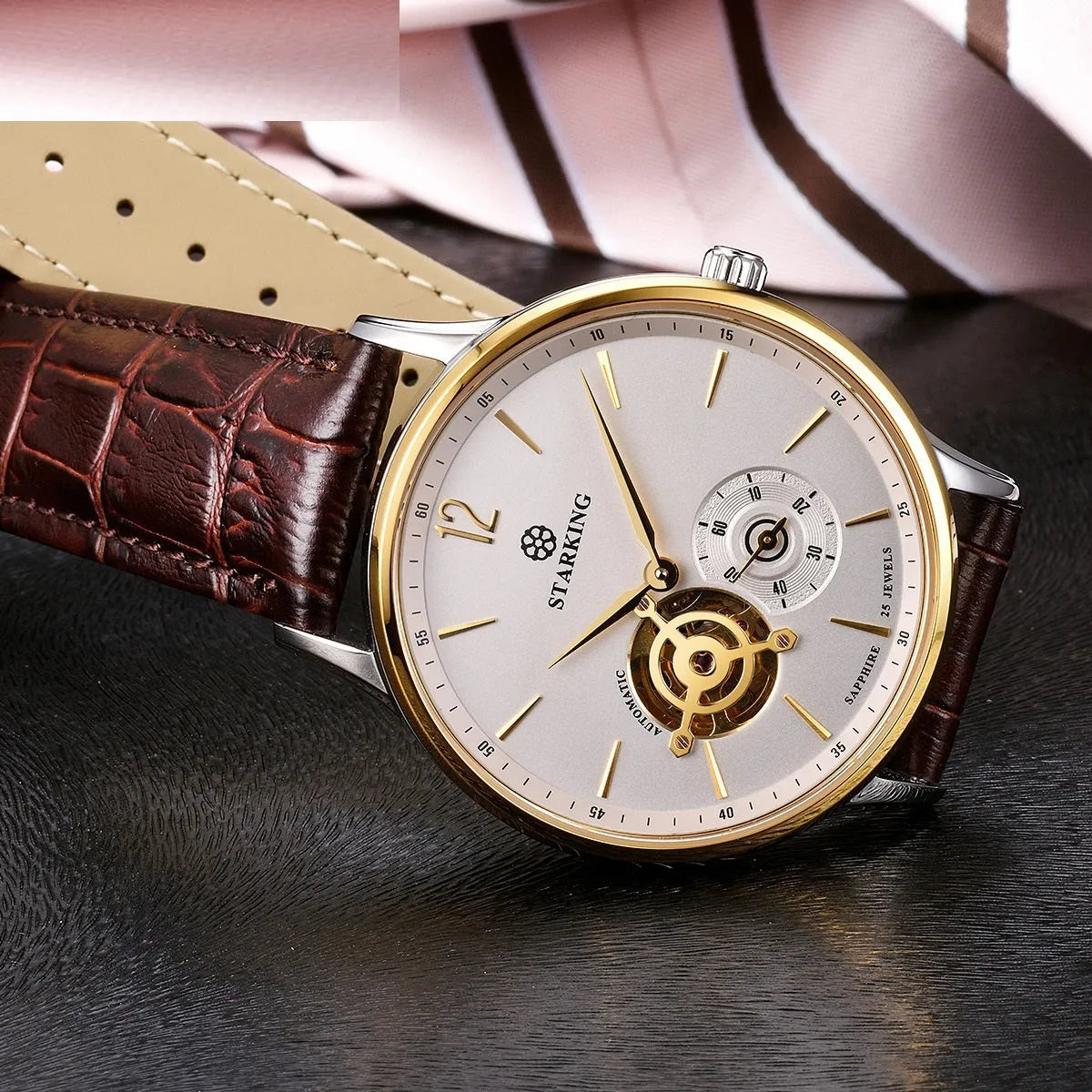 Automatic mechanical men's business watch with hollow three-needle dial on brown leather strap