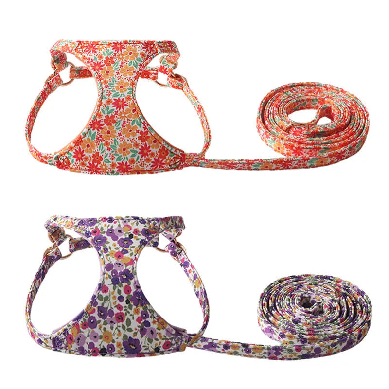 Floral patterned cloth dog harness and leash set in orange, purple, pink, black or white with red flowers design