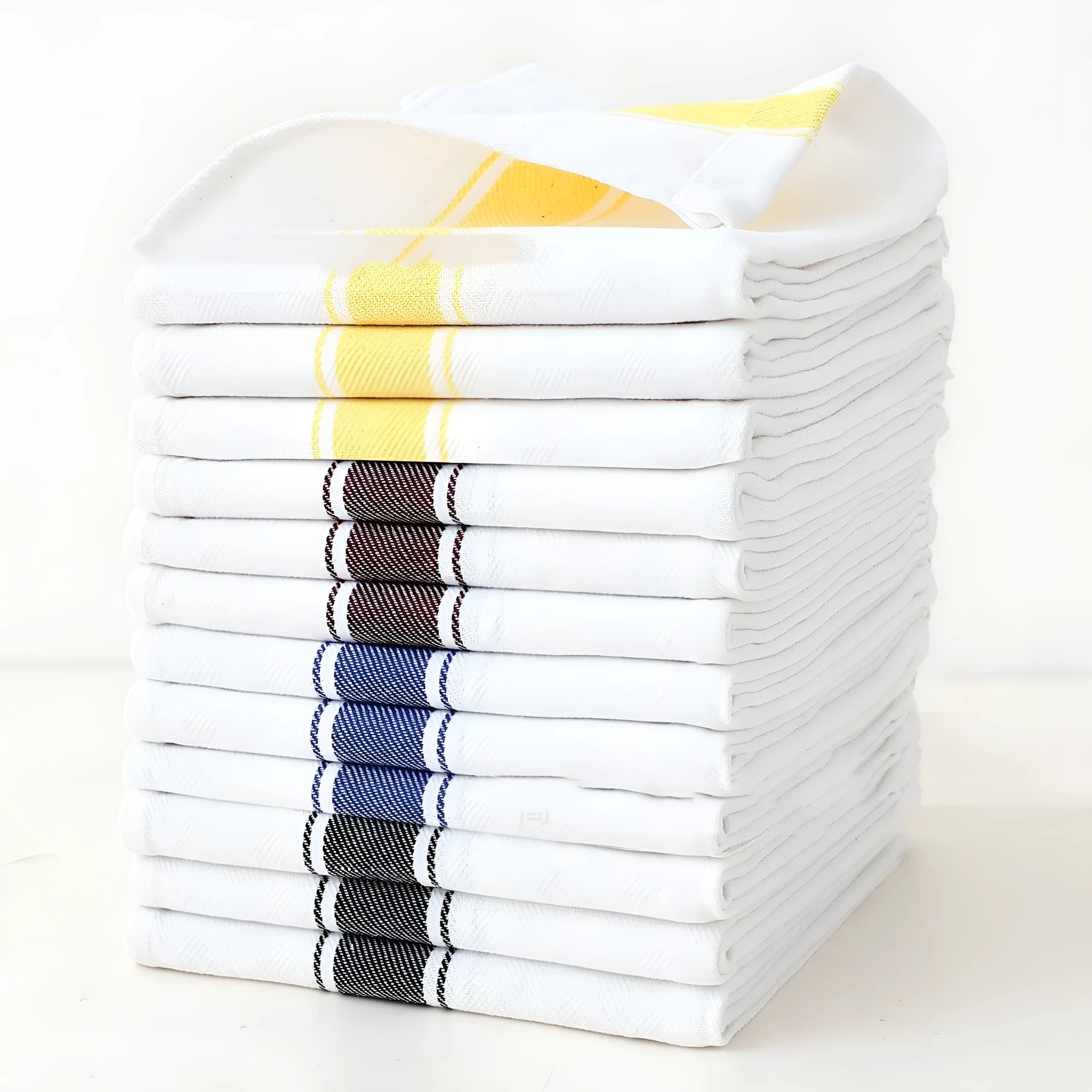 Set of twelve striped polyester cotton blend dish towels showing colour options: black, blue, brown, yellow, and multi-colour.