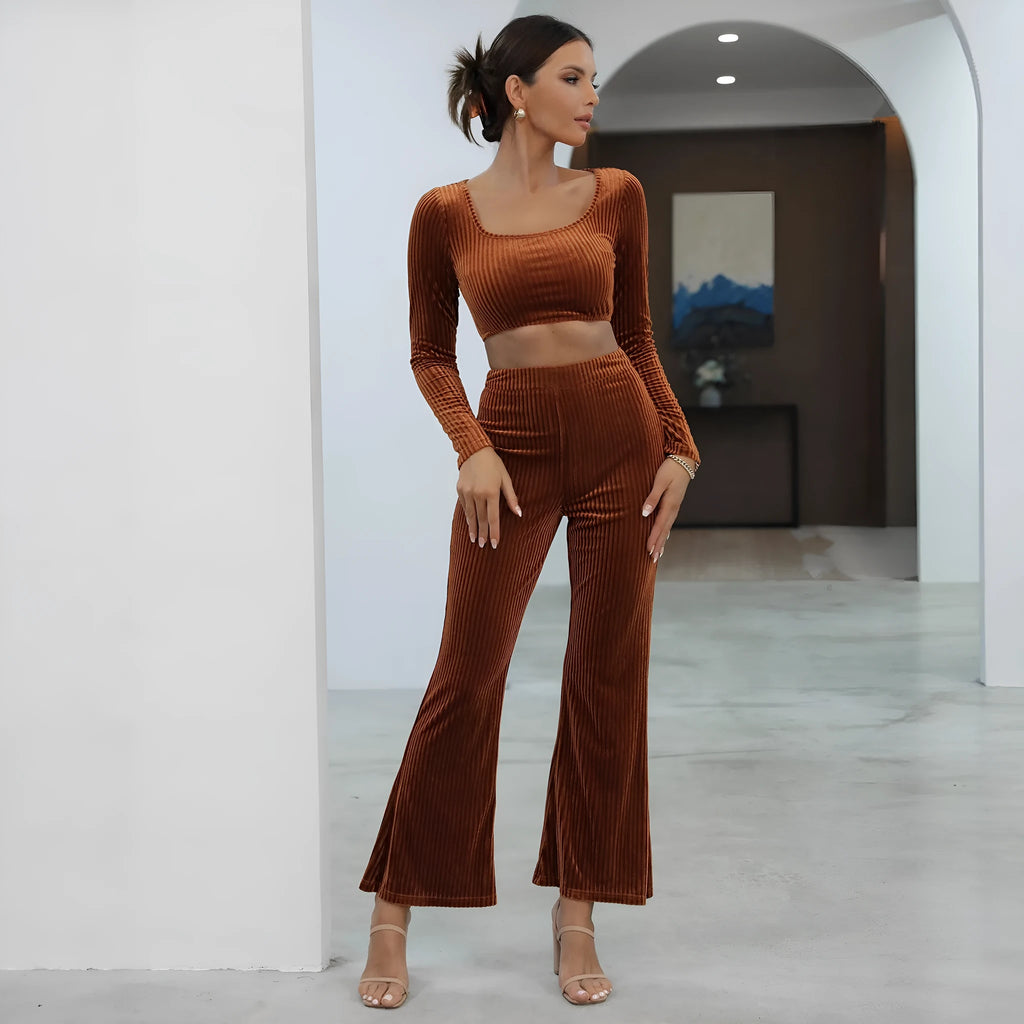 Caramel coloured long sleeve sweater and trouser casual set with Asian sizing options